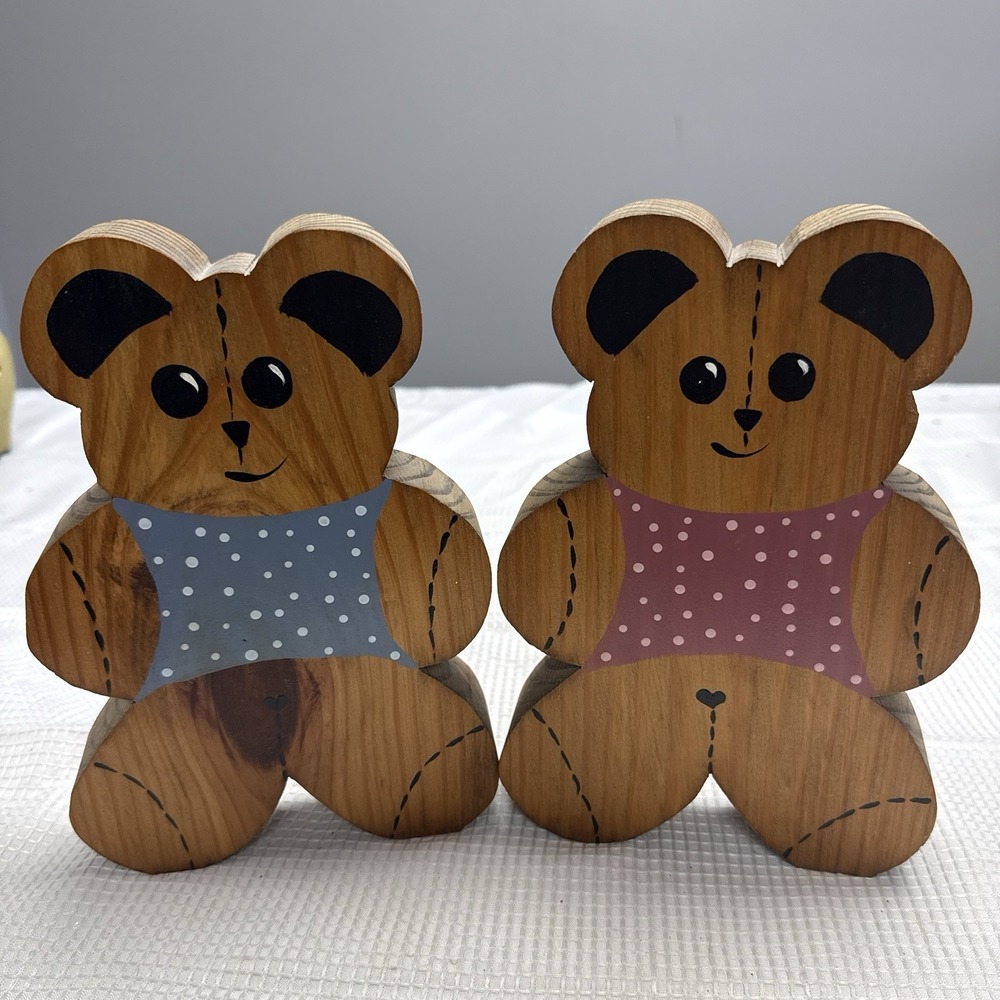 Set Vtg 90s Hand Crafted Wooden Bears Country Shelf Sitter Cottagecore Tole